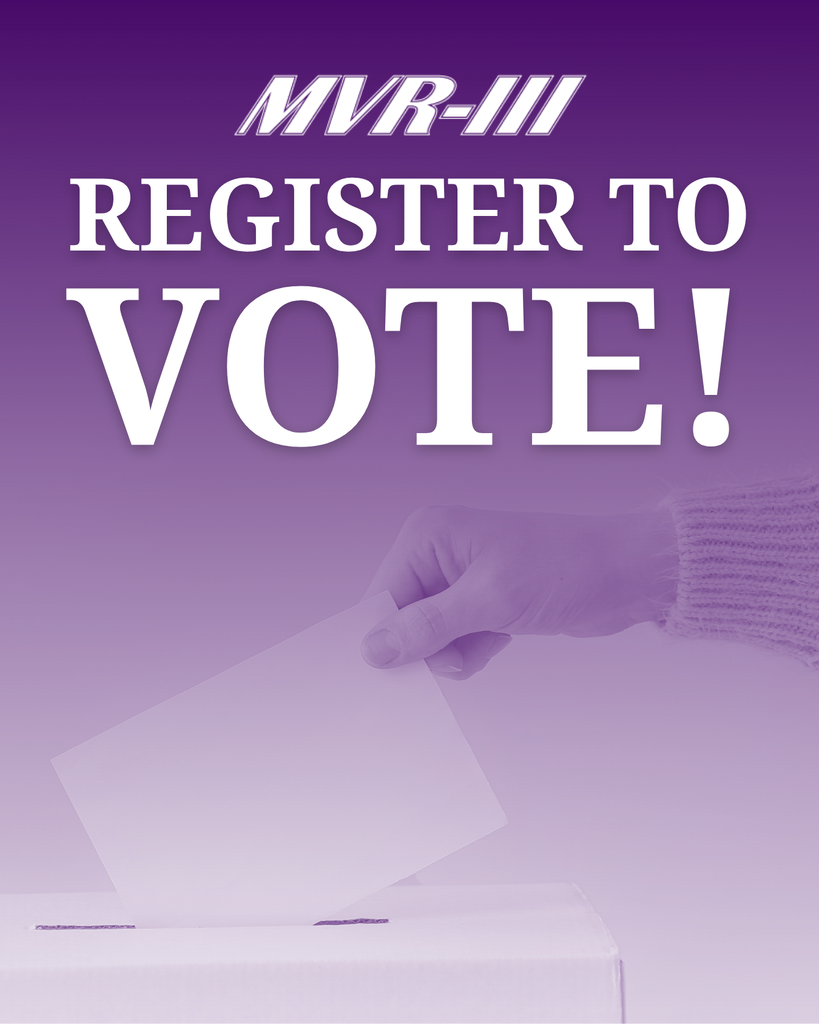 Purple background with โMVR-III Register to Vote!โ above a hand placing a ballot into a ballot box.