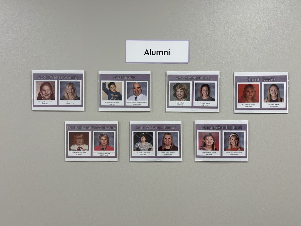 “Alumni” wall display pairs childhood and current portraits of seven former Zitzman students who returned as educators.