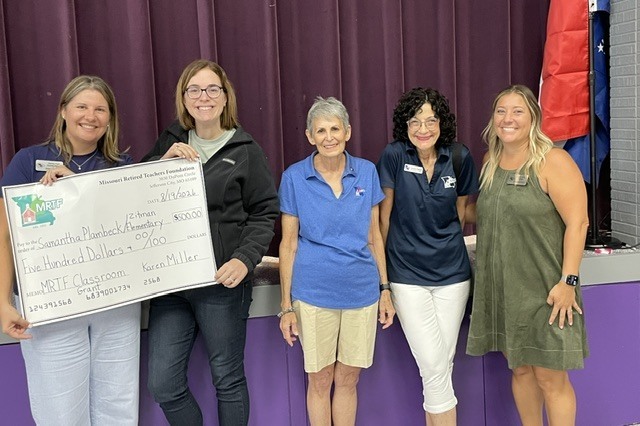 Five women pose together after presenting a $500 Missouri Retired Teachers Foundation classroom grant.