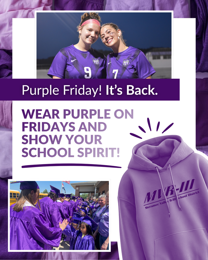 Purple Friday graphic featuring two soccer players, graduates, and a purple school hoodie promoting school spirit.