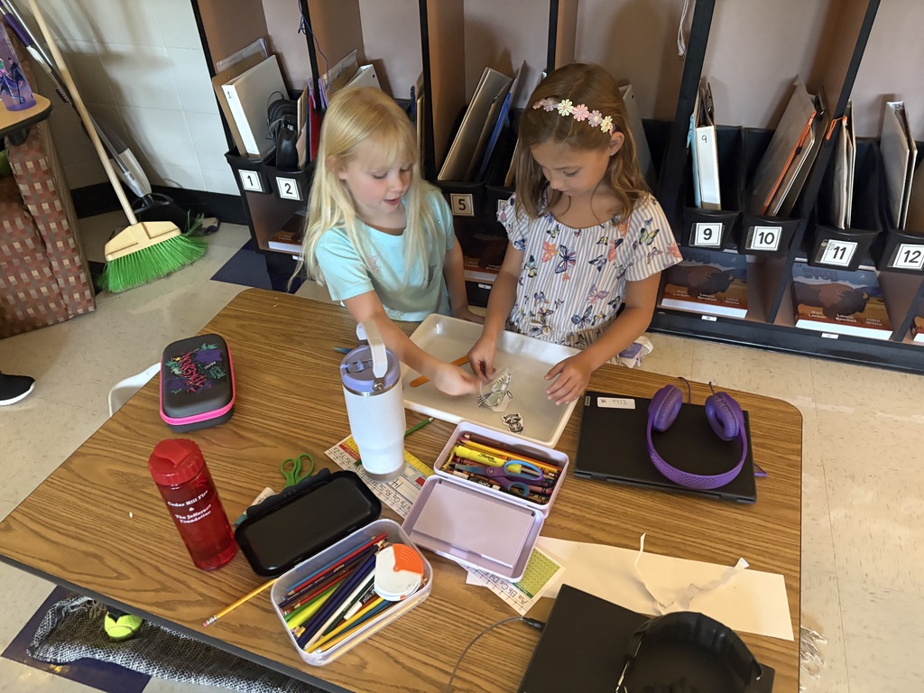 Two students collaborate on a hands-on classroom activity using paper pieces and supplies on a tray.