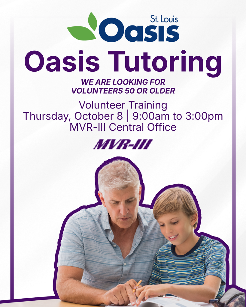 Oasis Tutoring featuring volunteer training for adults 50 and older, with an adult tutoring a child.