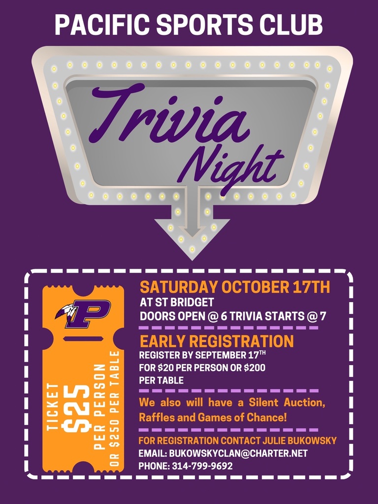 Pacific Sports Club Trivia Night: Saturday, October 17 at St. Bridget. Doors open at 6 p.m.; trivia begins at 7 p.m.