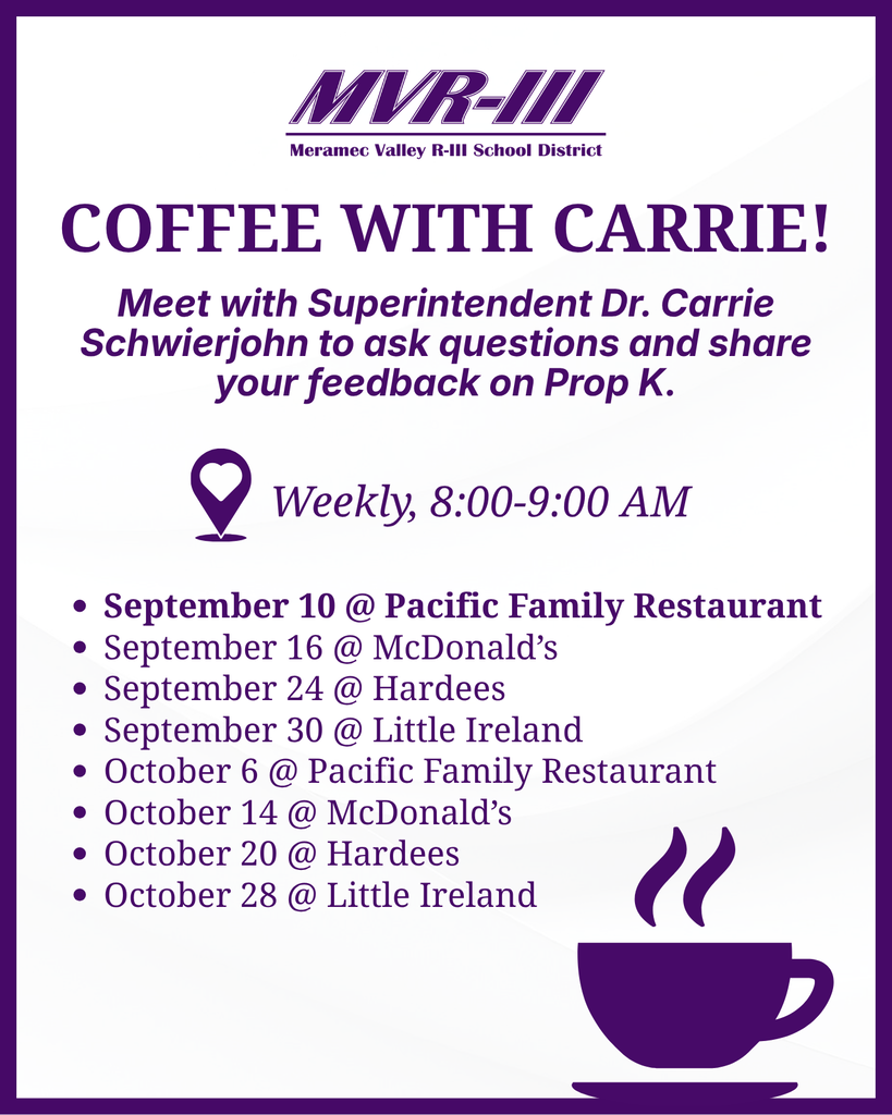 Coffee with Carrie: Meet Superintendent Dr. Carrie Schwierjohn to discuss Prop K, weekly from 8–9 a.m. at local restaurants.