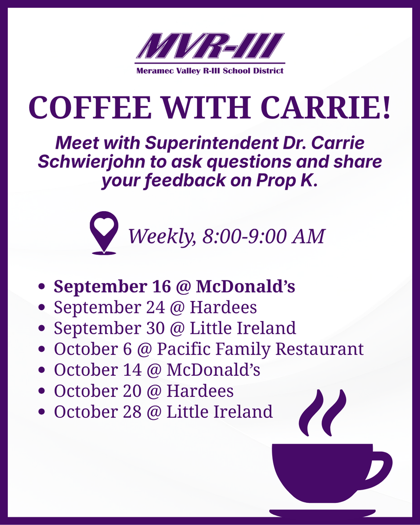 Coffee with Carrie: Weekly 8โ9 AM meetings with Superintendent Dr. Carrie Schwierjohn to discuss Prop K, Sept. 16โOct. 28.