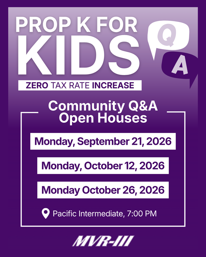 Prop K for Kids community Q&A open houses on September 21, October 12, and October 26, 2026, at 7 p.m. at Pacific Intermediate.