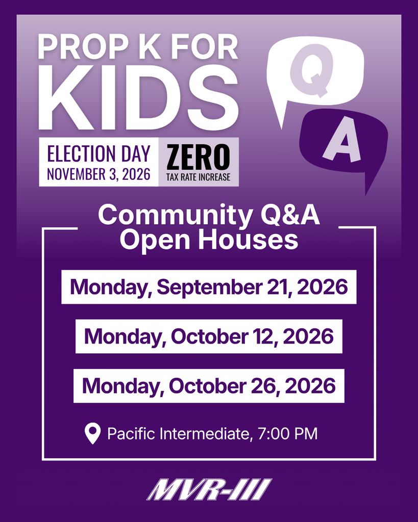 Purple Prop K for Kids flyer lists community Q&A open houses on September 21, October 12, and October 26 at Pacific Intermediate, 7 PM.
