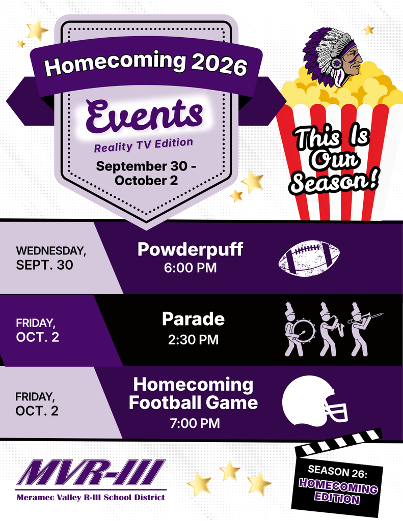 Homecoming 2026 flyer lists a September 30 powderpuff game at 6 PM and October 2 parade at 2:30 PM and football game at 7 PM.