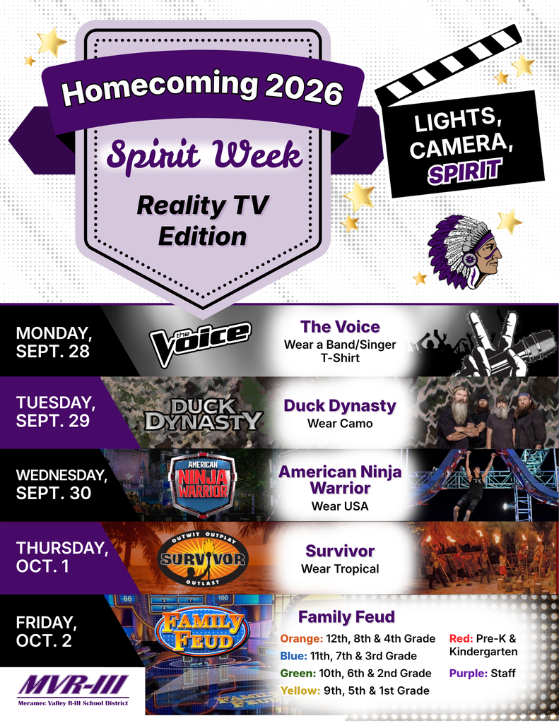 Homecoming 2026 Spirit Week flyer lists daily reality TV themes and dress-up activities from September 28 through October 2.
