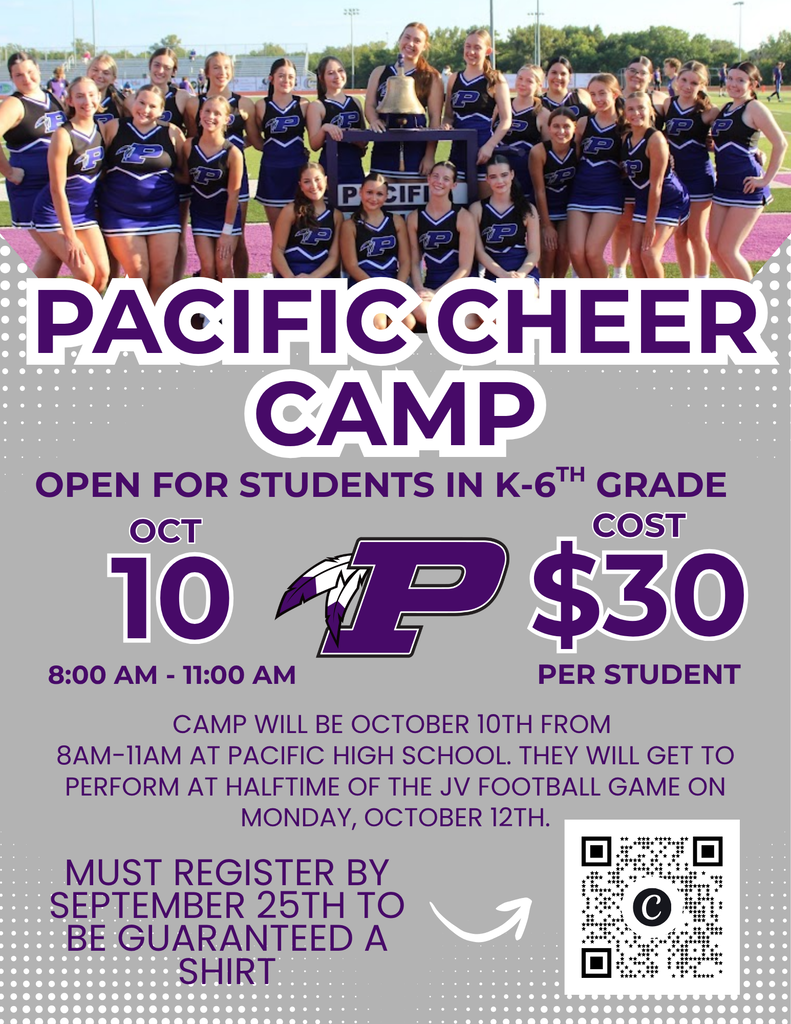 Pacific Cheer Camp for K–6 students is October 10, 8–11 AM, at Pacific High School. Cost is $30; register by September 25.