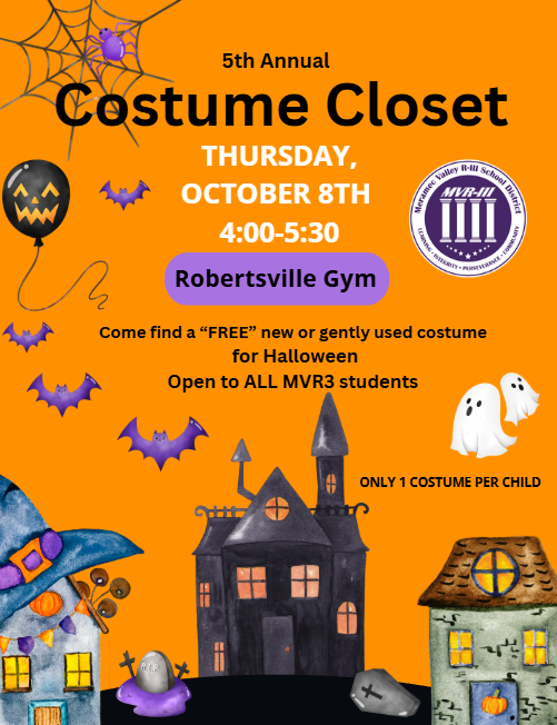 Orange Halloween flyer for the 5th Annual Costume Closet, October 8, 4โ5:30 p.m. at Robertsville Gym, offering free costumes to MVR3 students.