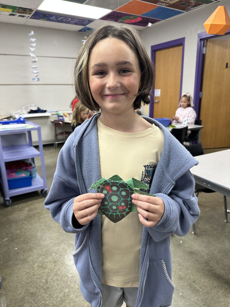 Smiling student proudly displays a green patterned origami turtle created during art class.
