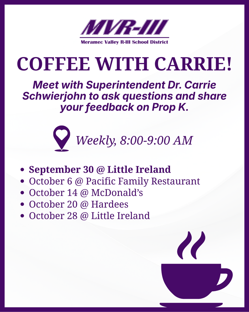 โCoffee with Carrieโ flyer inviting the community to weekly 8โ9 AM meetings with Superintendent Dr. Carrie Schwierjohn about Prop K.