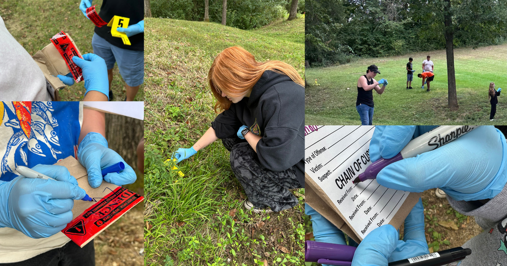 Students wearing gloves collect and label evidence during an outdoor crime-scene investigation activity.