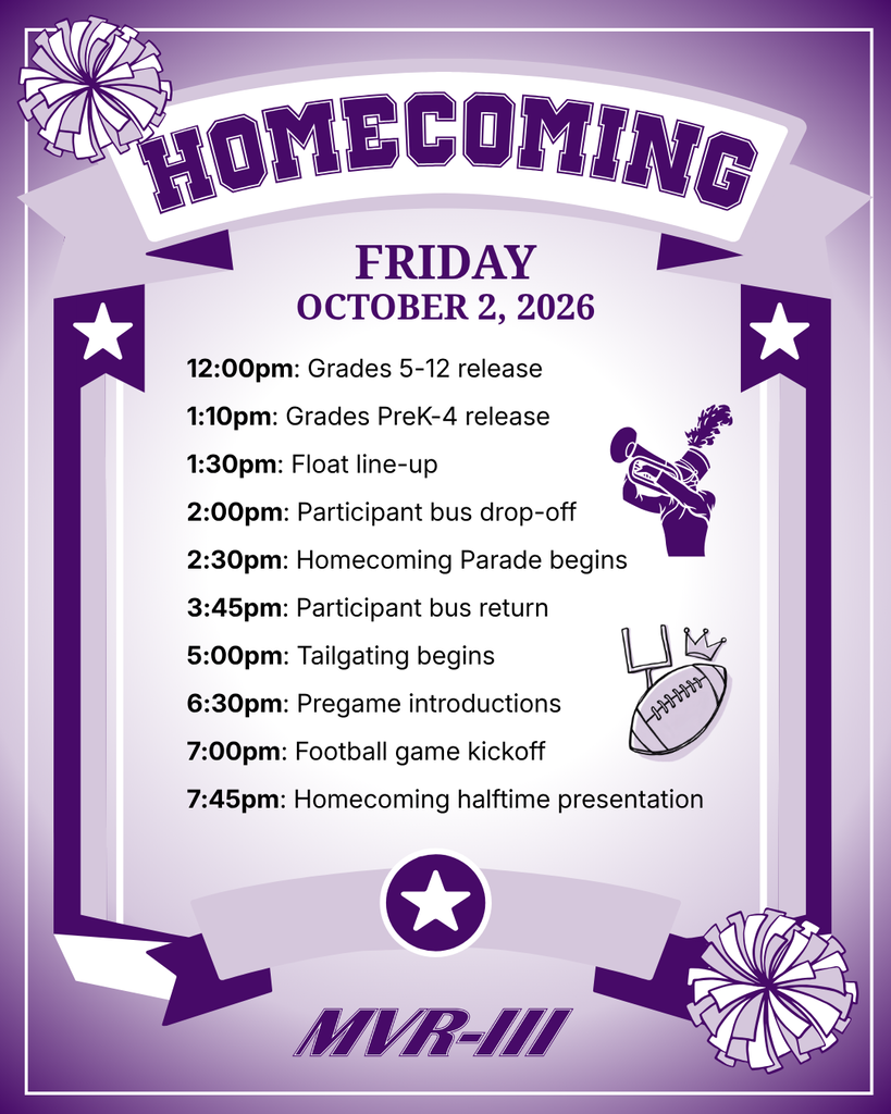 Purple Homecoming schedule for Friday, October 2, 2026, listing school releases, parade, tailgating, and football events.