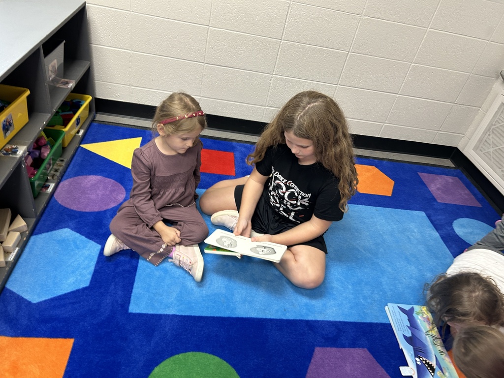 Two students sit on a colorful classroom rug as an older student reads aloud from a picture book.