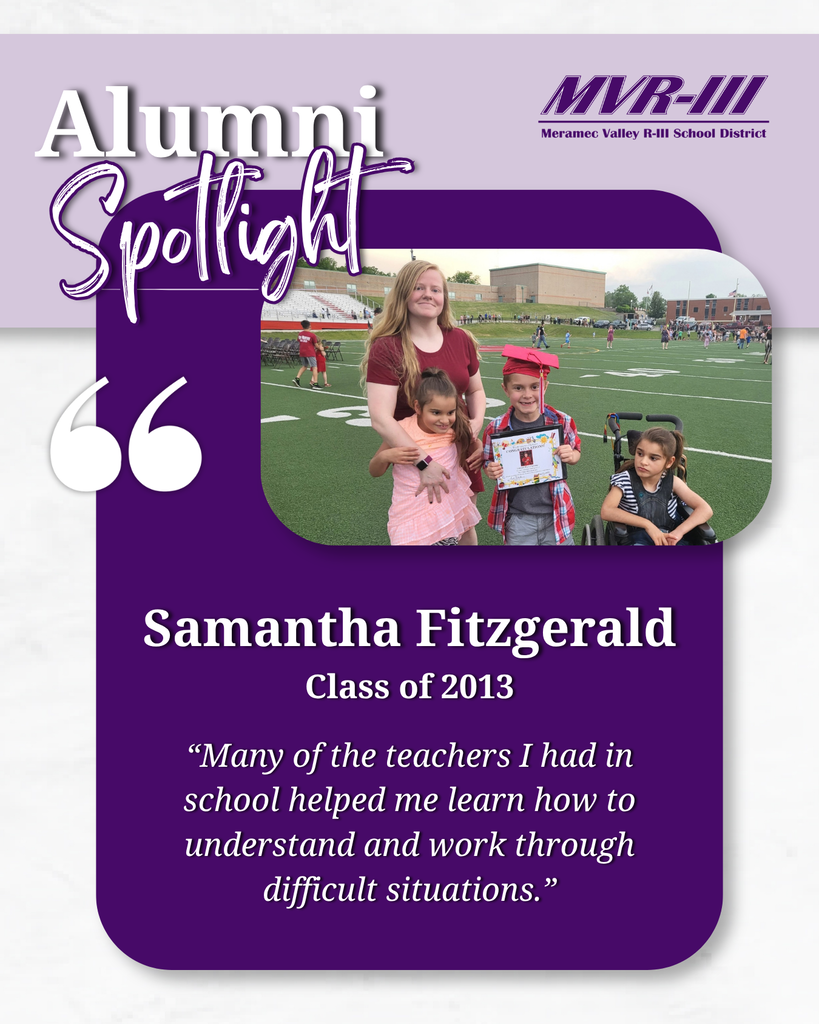 Alumni Spotlight features Samantha Fitzgerald, Class of 2013, with a family photo and a quote praising her teachersโ support.