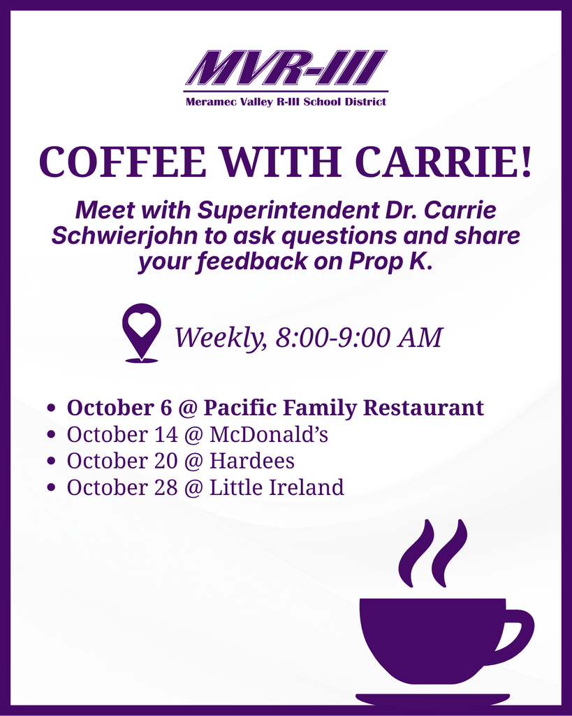 Coffee with Carrie: Meet Superintendent Dr. Carrie Schwierjohn weekly from 8โ9 AM in October to discuss Prop K and share feedback.