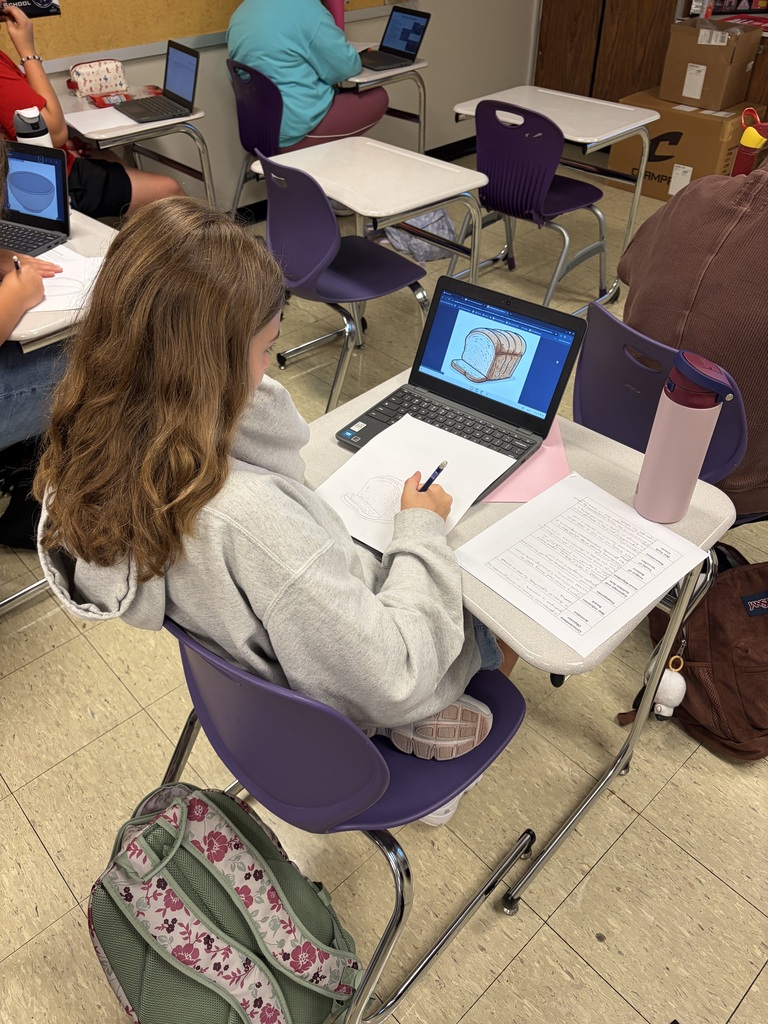 Student sketches a loaf of bread on paper while using a laptop image as a visual reference in class.