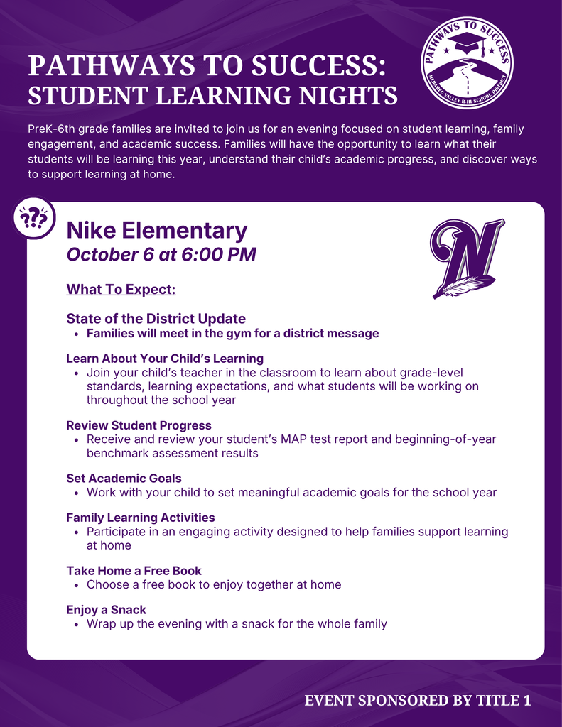 Nike Elementary hosts a Pathways to Success Student Learning Night for PreK–6 families on October 6 at 6 PM.