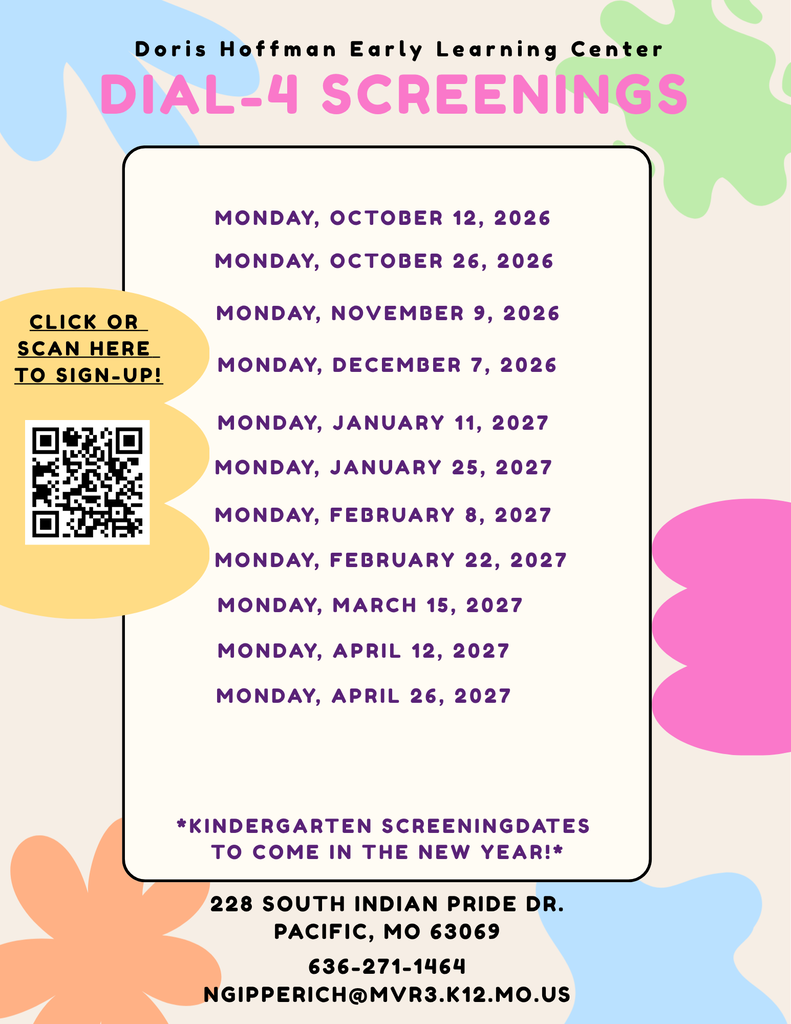 Doris Hoffman Early Learning Center DIAL-4 screenings offered on select Mondays from October 2026 through April 2027; sign-up QR code included.
