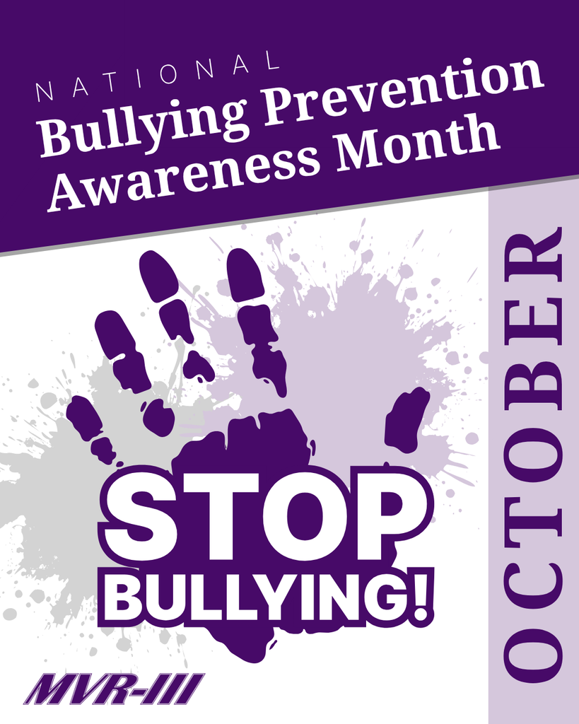 National Bullying Prevention Awareness Month poster for October featuring a purple handprint and bold โStop Bullying!โ message.