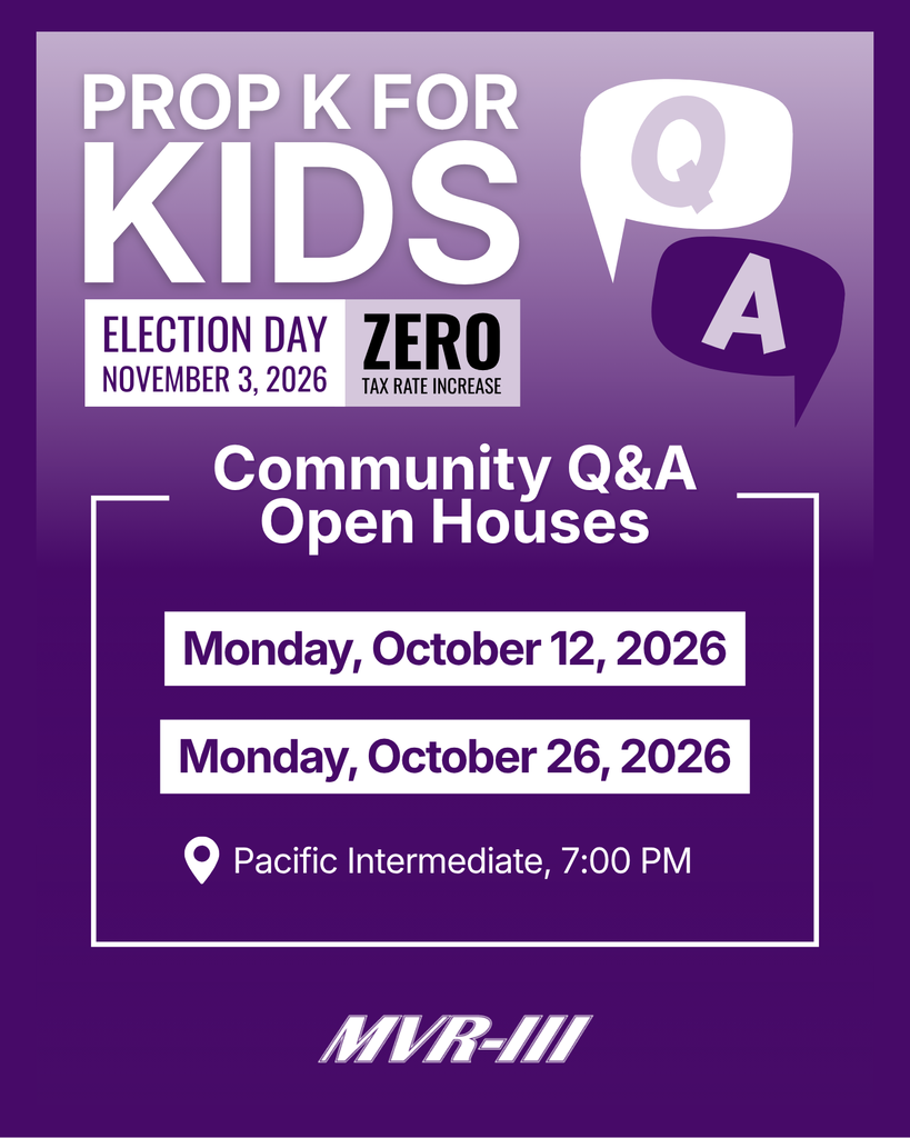 Prop K for Kids Community Q&A open houses are October 12 and 26, 2026, at 7 PM at Pacific Intermediate.