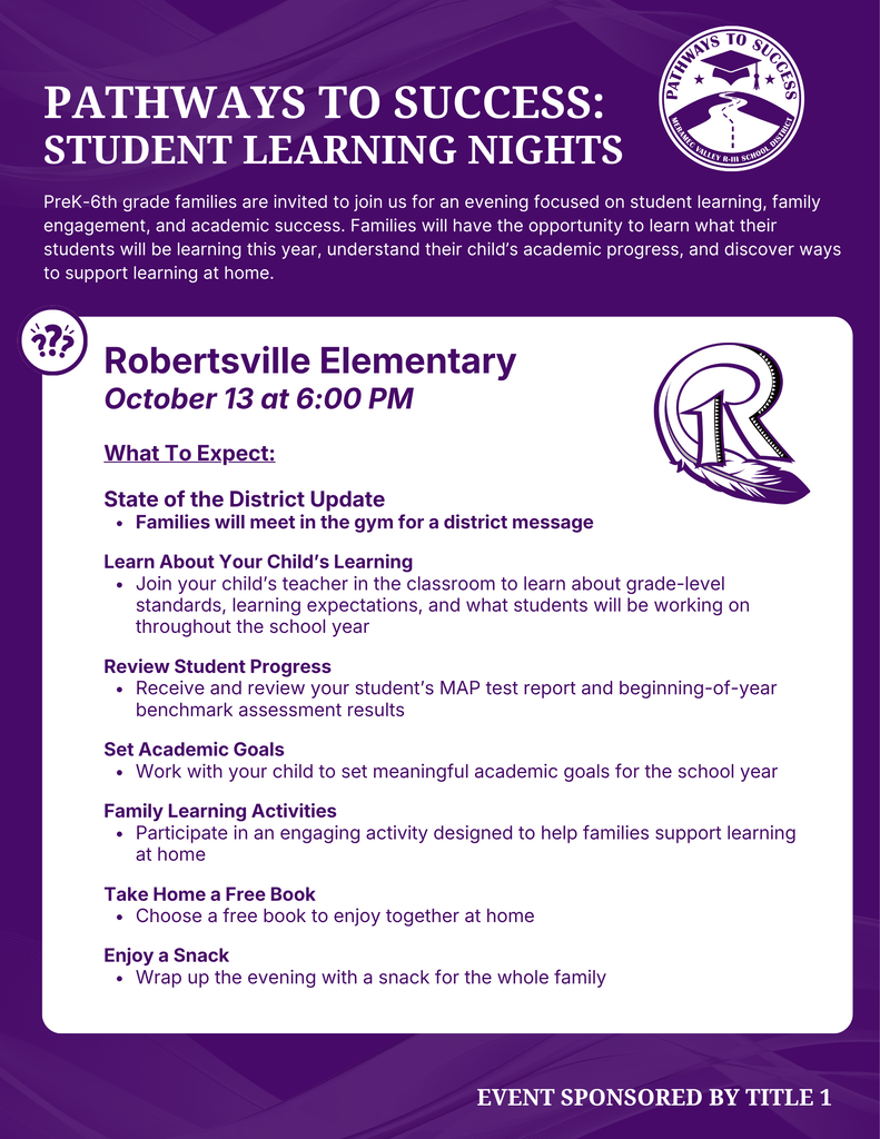 Robertsville Elementary hosts Student Learning Night on October 13 at 6 PM, featuring academic updates, family activities, and free books.