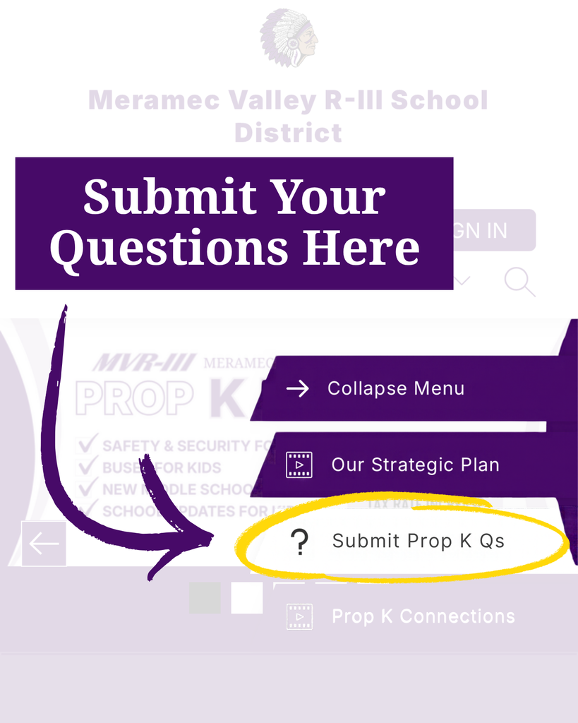 Meramec Valley R-III School District website highlights the โSubmit Prop K Qsโ menu option for submitting questions about Proposition K.