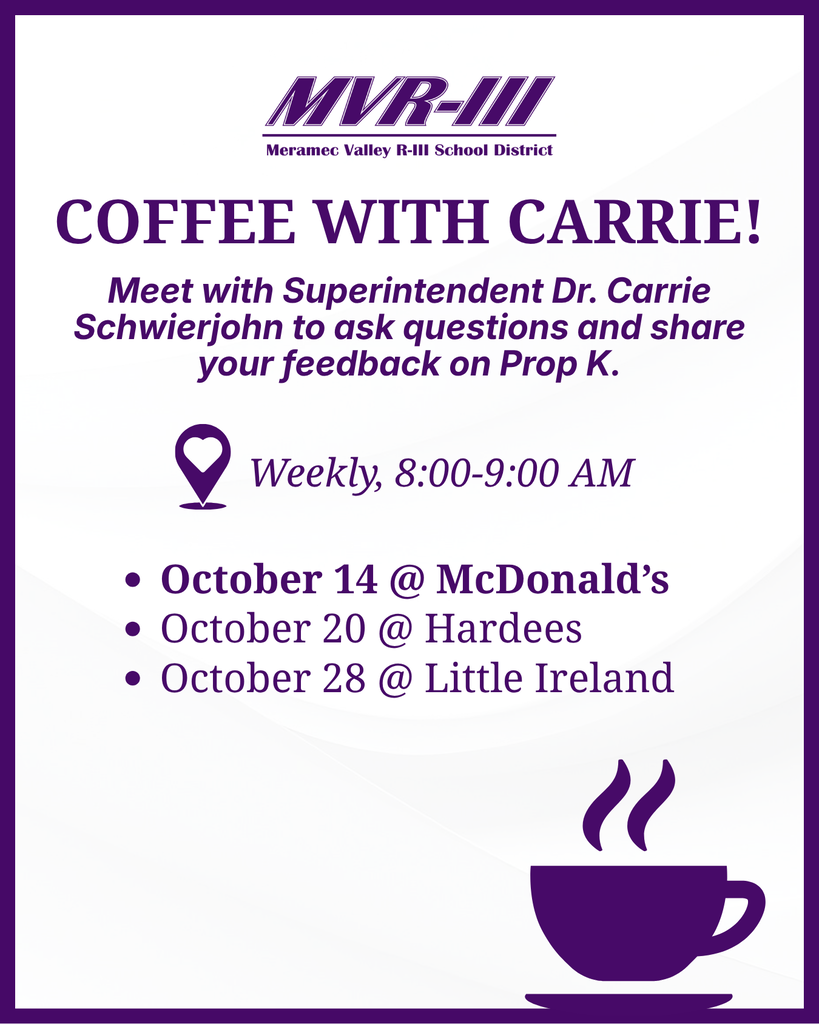 Coffee with Carrie invites families to discuss Prop K with Superintendent Dr. Carrie Schwierjohn, October 14, 20, and 28, from 8โ9 AM.