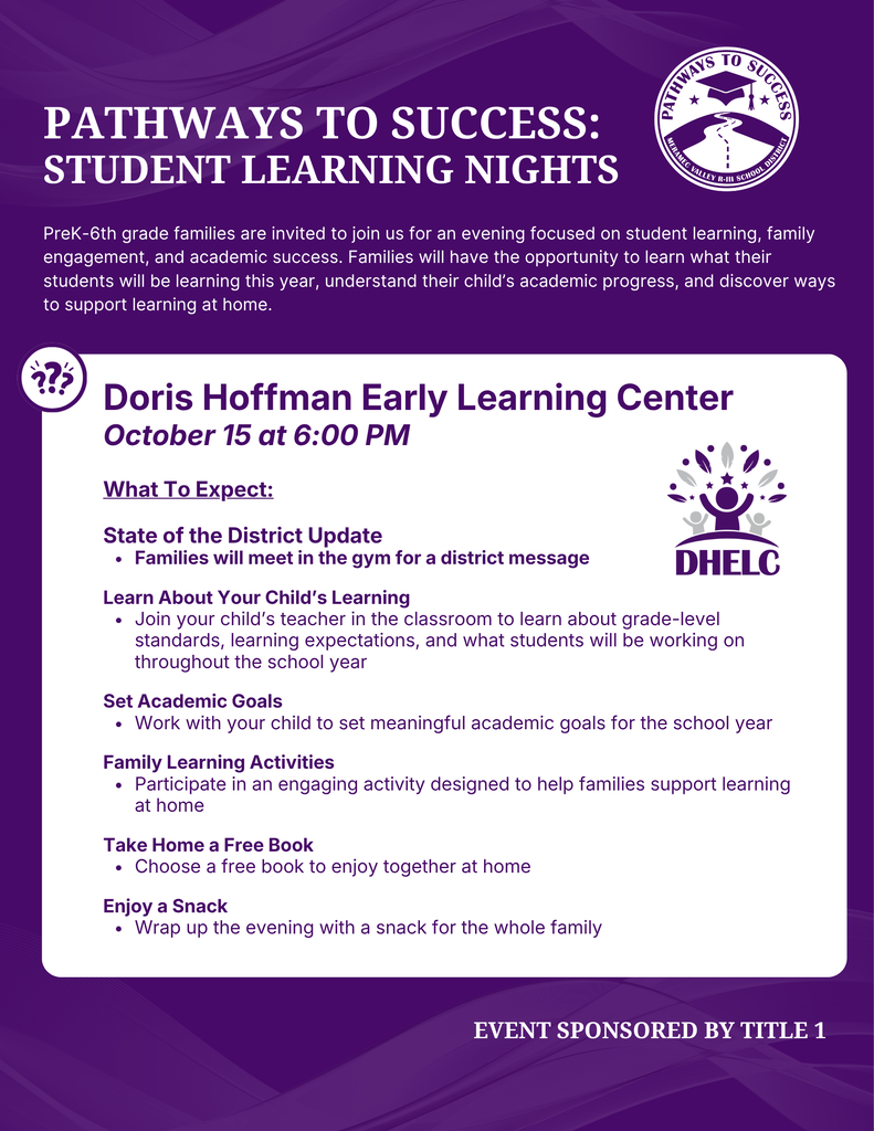 Doris Hoffman Early Learning Center hosts Student Learning Night on October 15 at 6 PM, featuring family activities, academic goals, free books, and snacks.