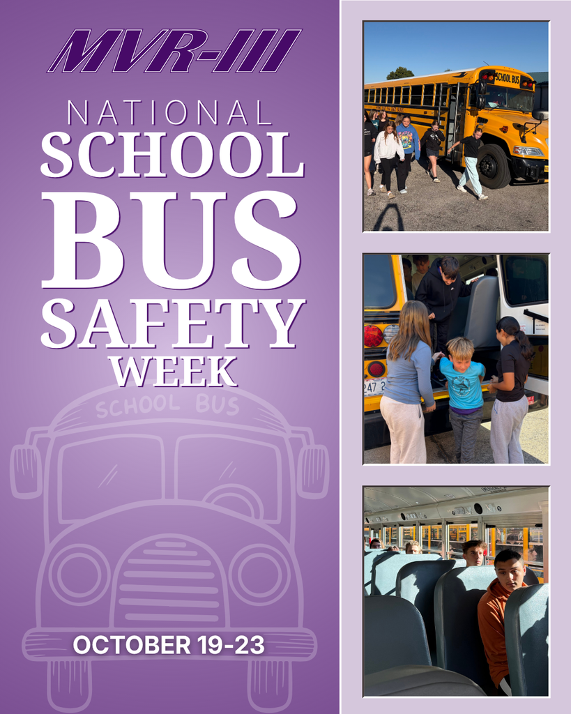 MVR-III National School Bus Safety Week, October 19โ23, featuring students boarding and riding school buses in three photos on a purple background.