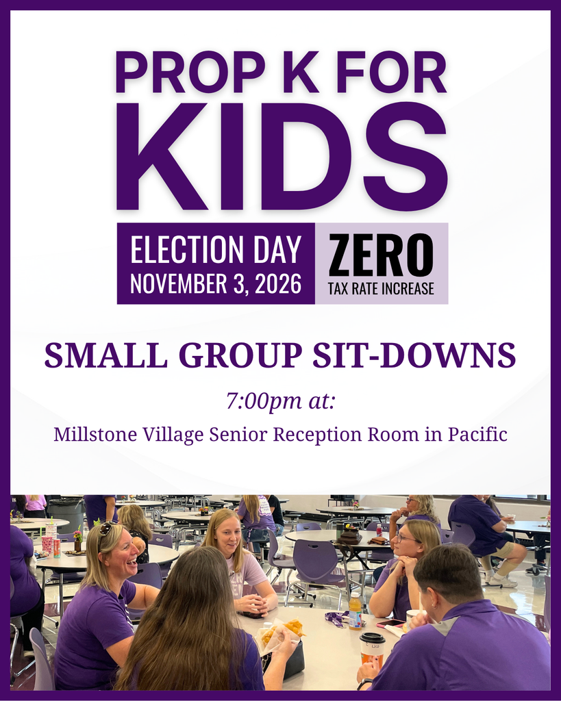 Prop K for Kids flyer announces small group sit-downs at 7 p.m. at Millstone Village in Pacific, with a photo of adults gathered at tables.