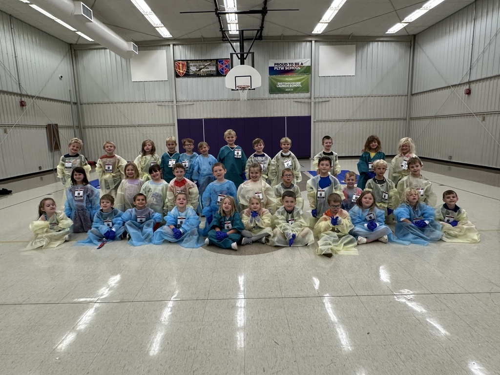 A group of elementary students poses in a gymnasium wearing colorful medical gowns, gloves, and badges during a learning activity.