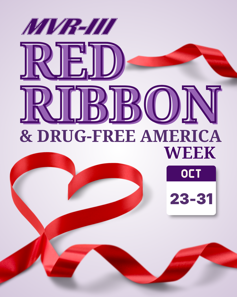 MVR-III Red Ribbon and Drug-Free America Week graphic featuring a heart-shaped red ribbon and October 23–31 dates on a lavender background.