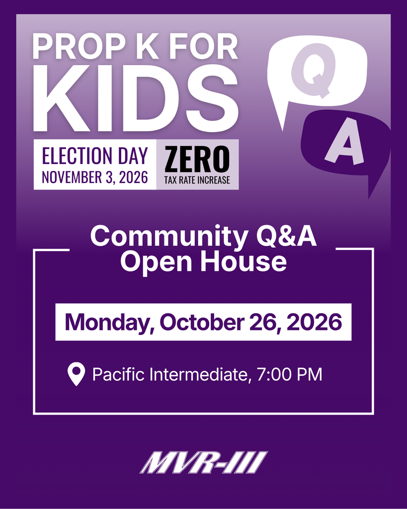 Prop K for Kids community Q&A open house, October 26, 2026, at 7 PM at Pacific Intermediate. Election Day is November 3.