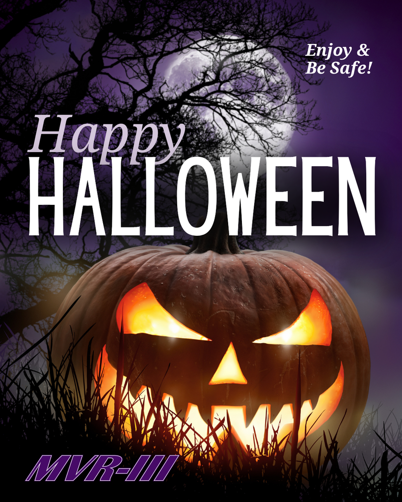 MVR-III wishes everyone a happy and safe Halloween with a glowing jack-o'-lantern beneath a full moon in a spooky purple sky.
