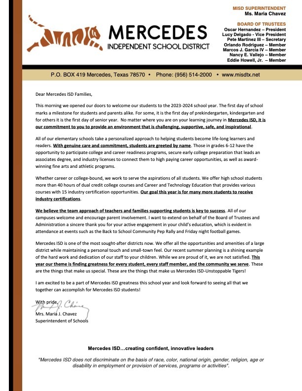 Letter from the superintendent