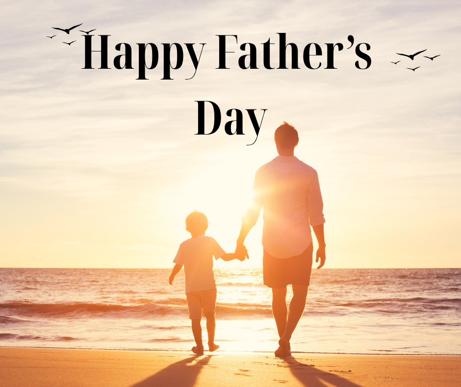 Father and Son walking on the beach with words Happy Father's Day