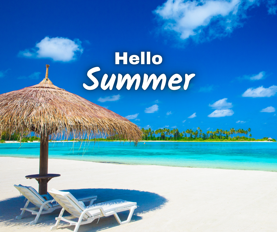 Lounge chairs and beach umbrella by the water with words Hello Summer