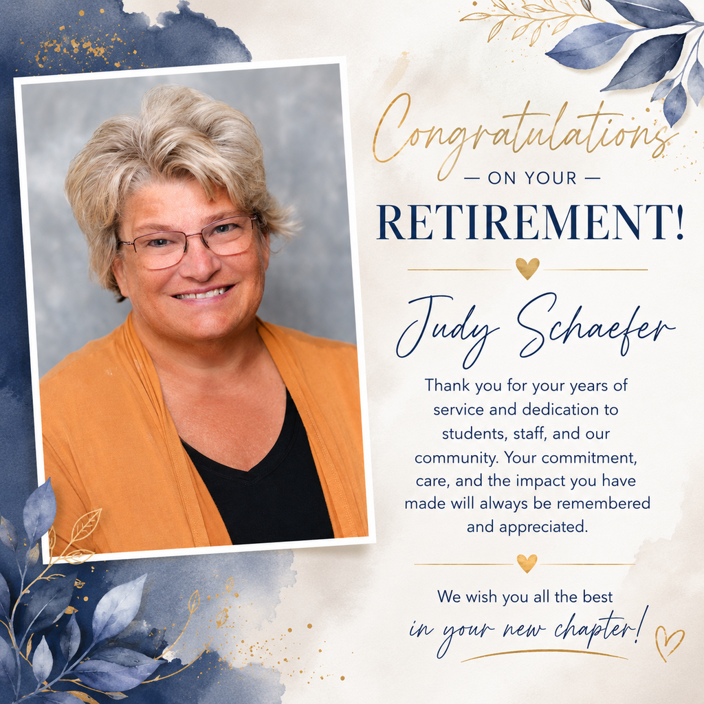 Retirement card featuring a woman in a photo and text that reads "Congratulations on your retirement Judy Schaefer".