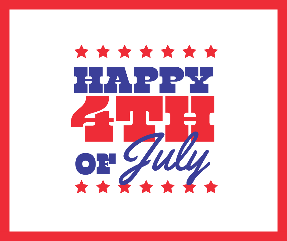 White background with red, white, and blue text. "HAPPY 4TH OF July" is written in red, blue, and white fonts.