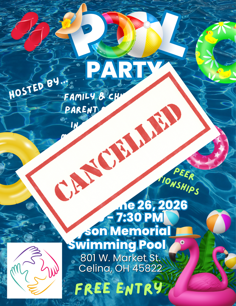 An event poster with a blue water background. It says "CANCELLED" with a red stamp over the pool party details.
