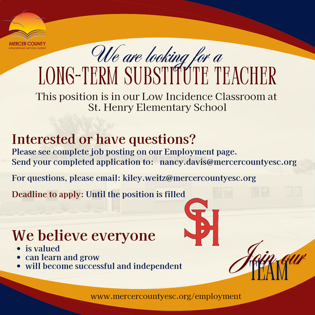 An advertisement for a long-term substitute teacher position at St. Henry Elementary School.