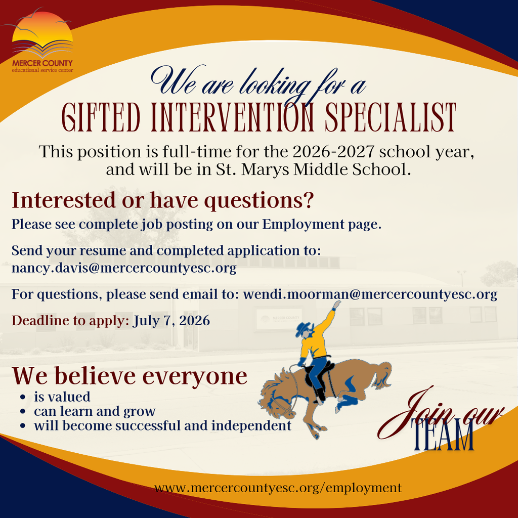 A flyer for a job opening for a Gifted Intervention Specialist at St. Mary's Middle School.