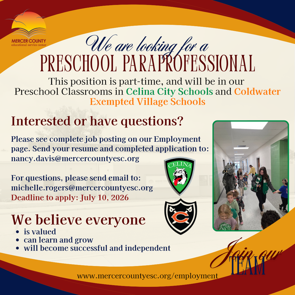An advertisement poster for a preschool paraprofessional position. The text invites applicants to visit the employment page for details.