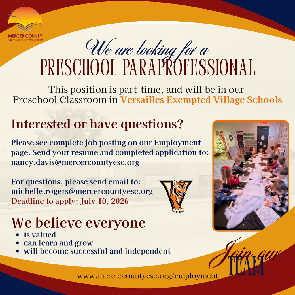 Advertisement for preschool paraprofessional position. Job is part-time at Versailles Exempted Village Schools. Apply by July 10, 2026.