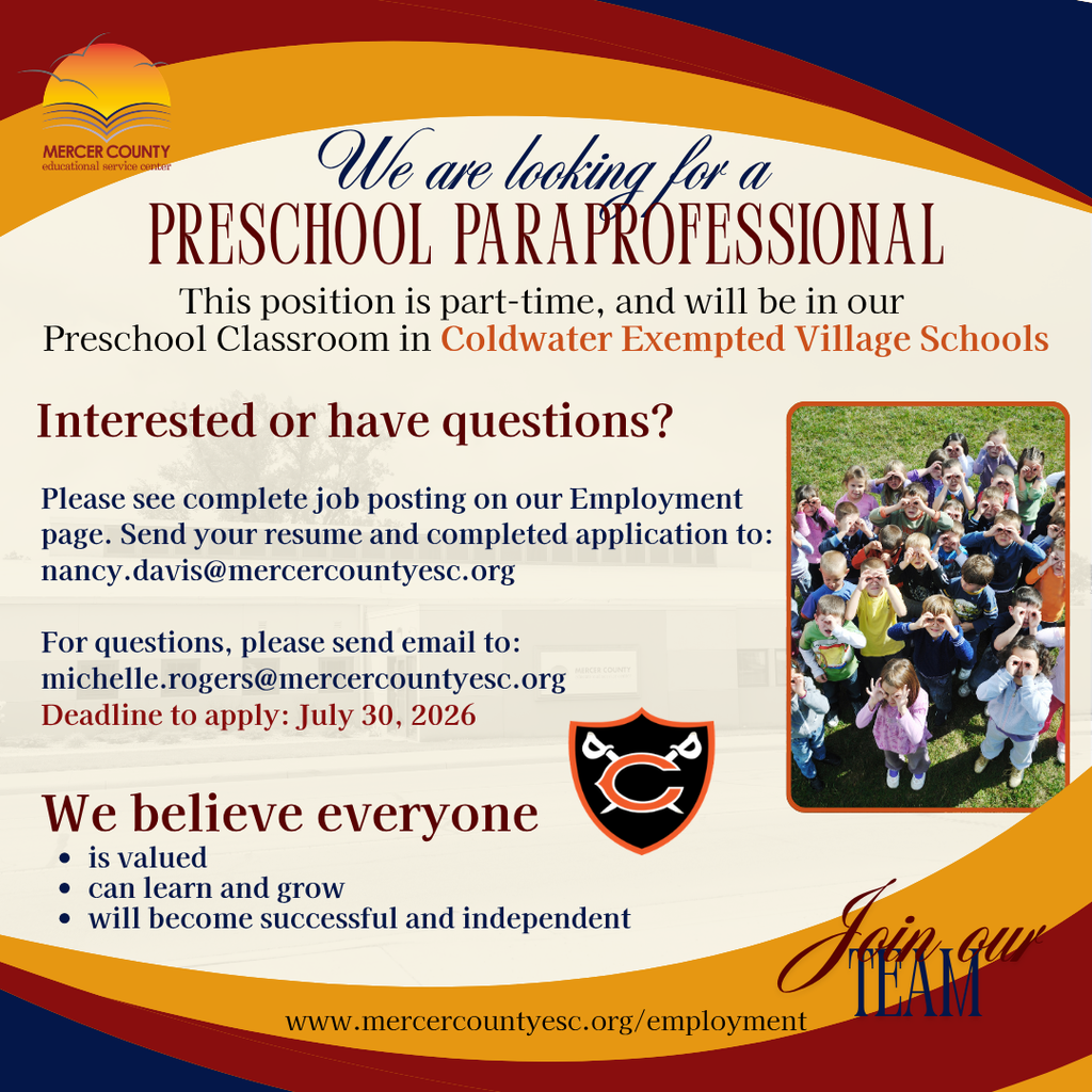 A flyer offers a part-time Preschool Paraprofessional position in Coldwater Exempted Village Schools. It includes a contact email, application deadline, and an image of children.