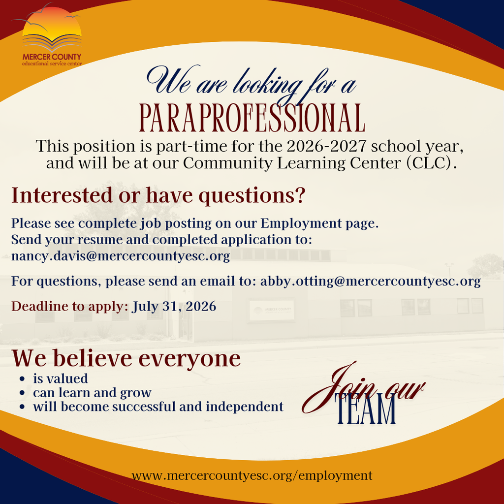 Job posting for a part-time paraprofessional position at the Community Learning Center for the 2026-2027 school year. Contact information for application and inquiries.