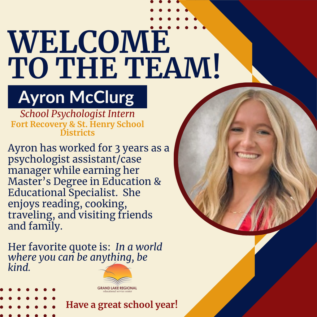 An advertisement features a smiling blonde woman. Text reads "Welcome to the Team! Ayron McClurg, School Psychologist Intern."